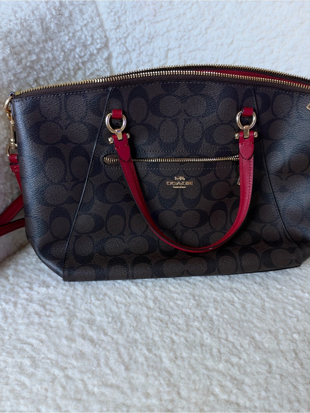 Coach Brown Signature Tote with Red Handles